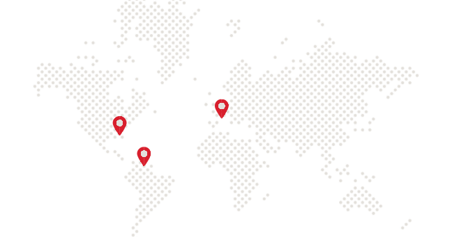 Mapa mundial punteado con marcadores en América del Norte, América del Sur y Europa